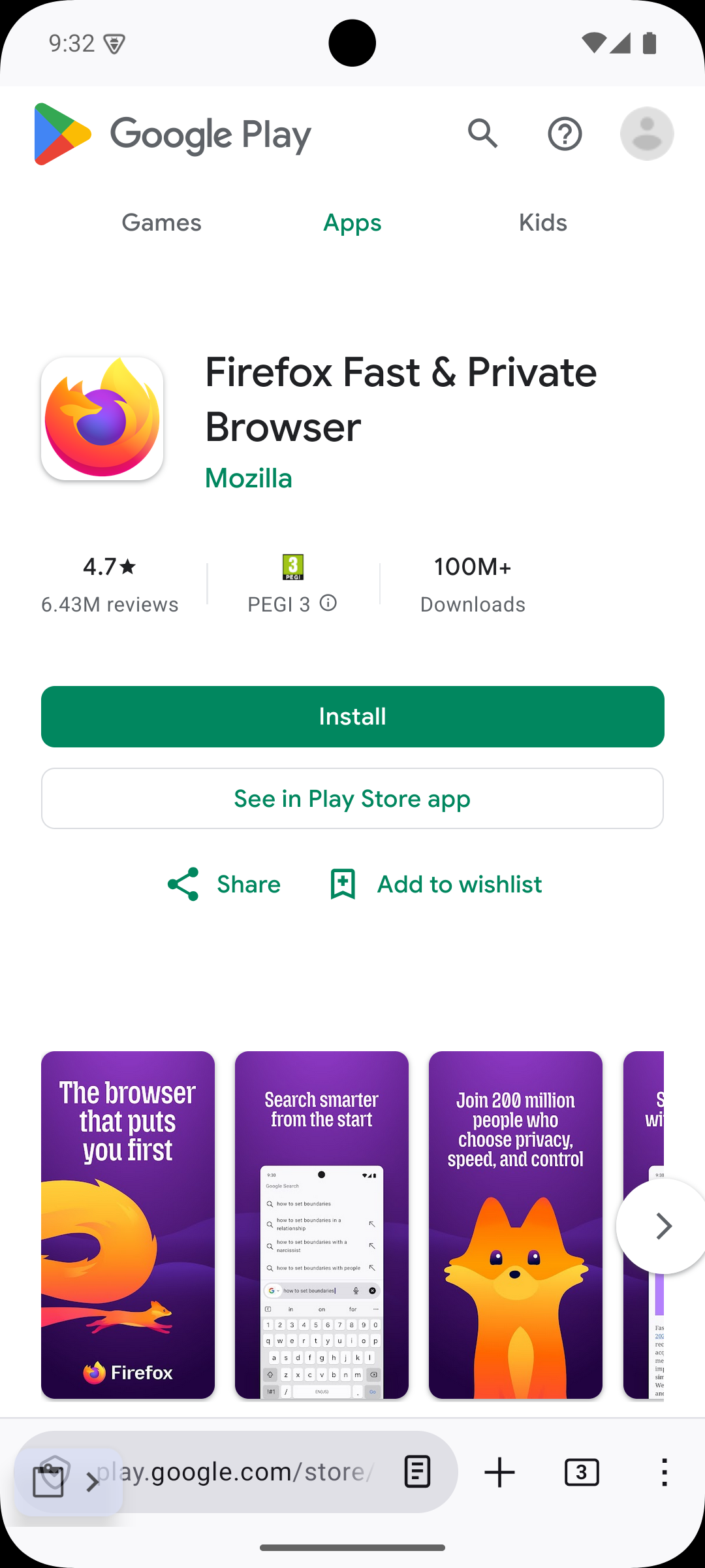 Firefox listing in Google Play