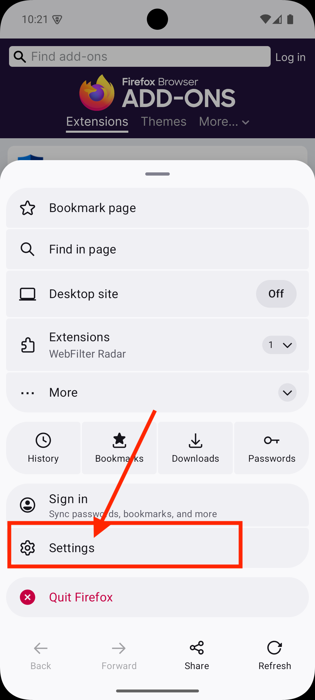 Firefox settings item
