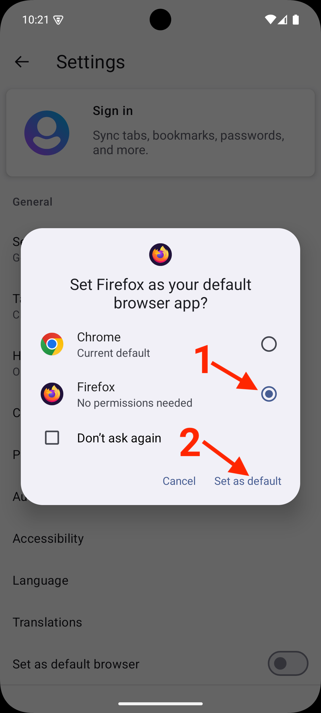 Android default browser selector