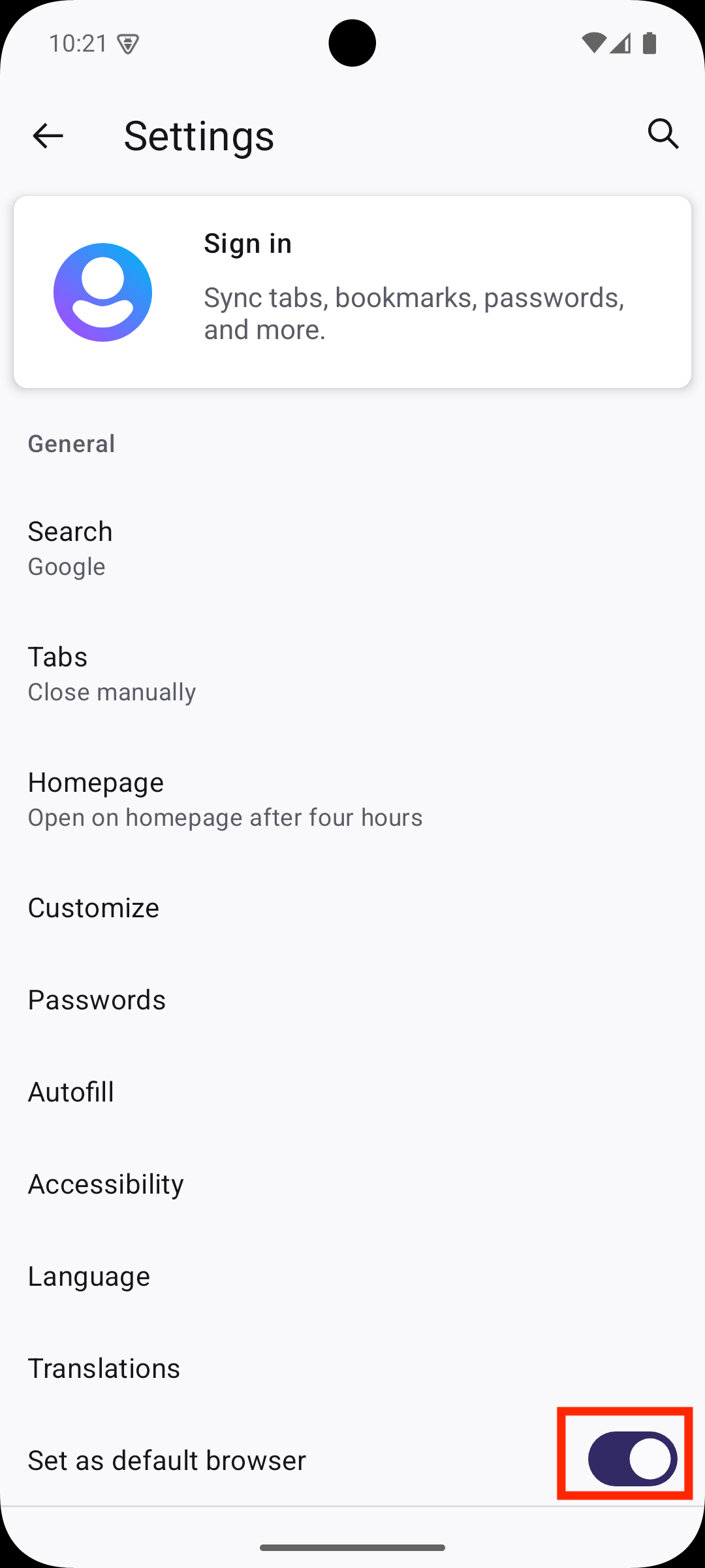 Firefox default browser setting enabled