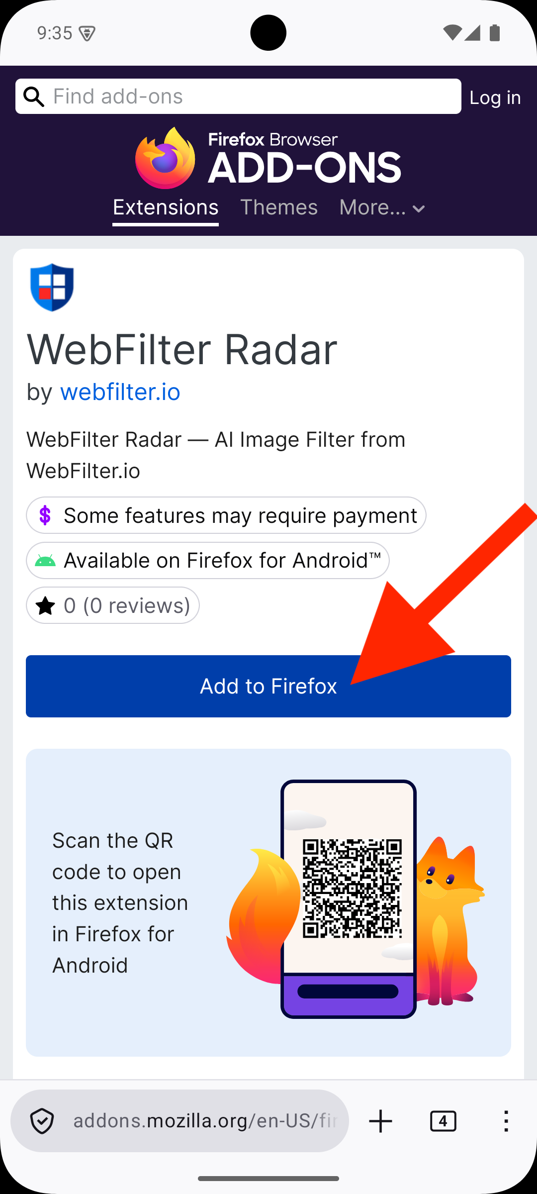 WebFilter Radar add-on page in Firefox