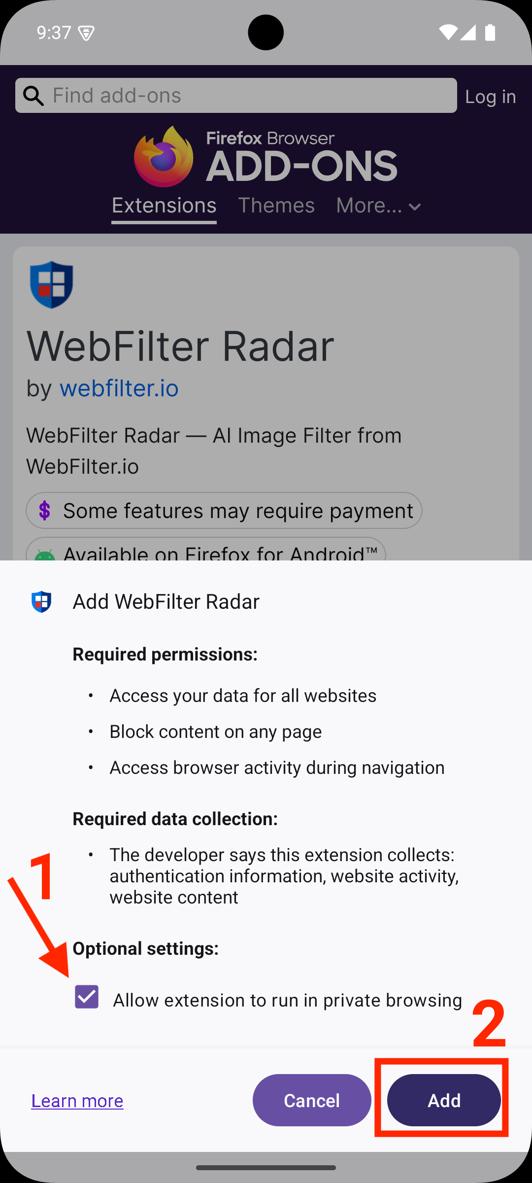 Firefox add-on installation dialog