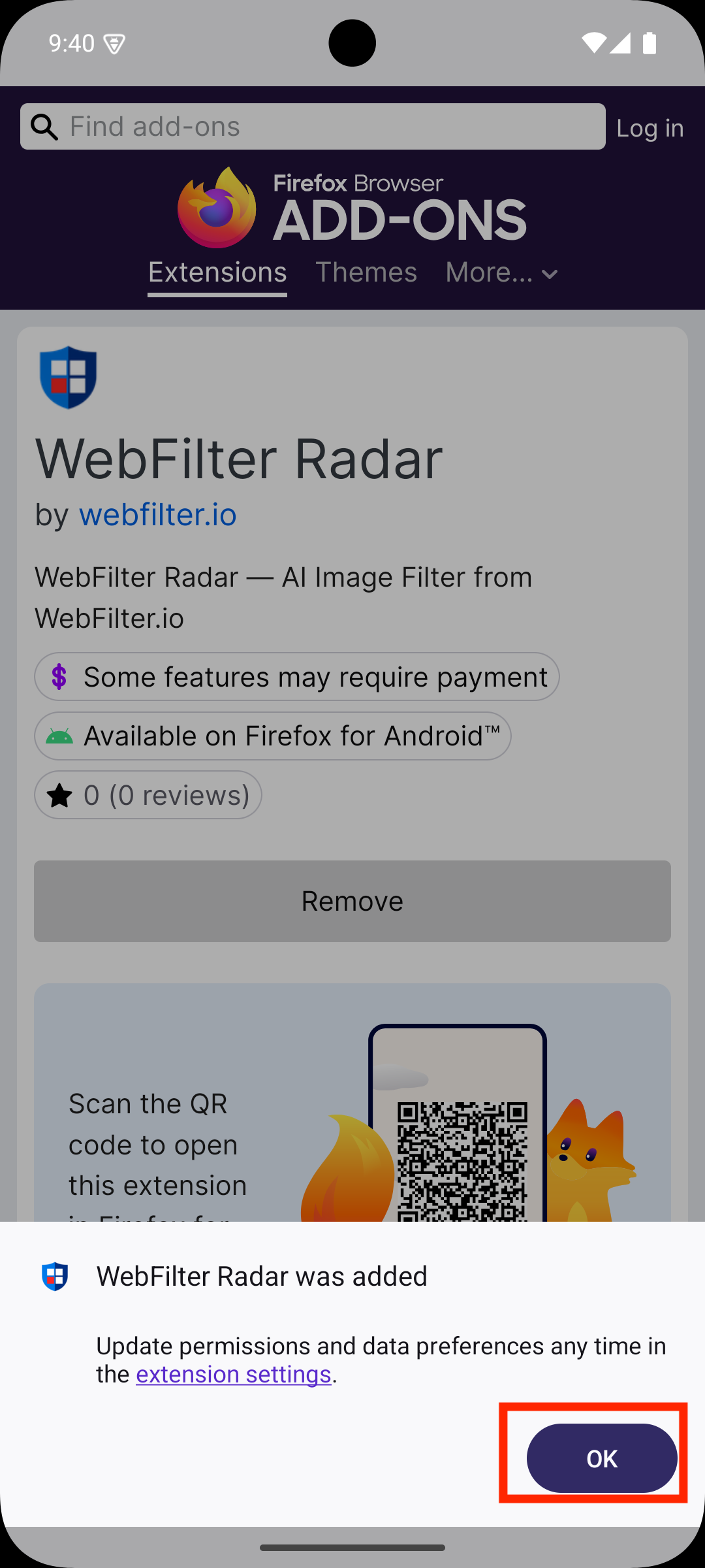 Firefox extension confirmation box