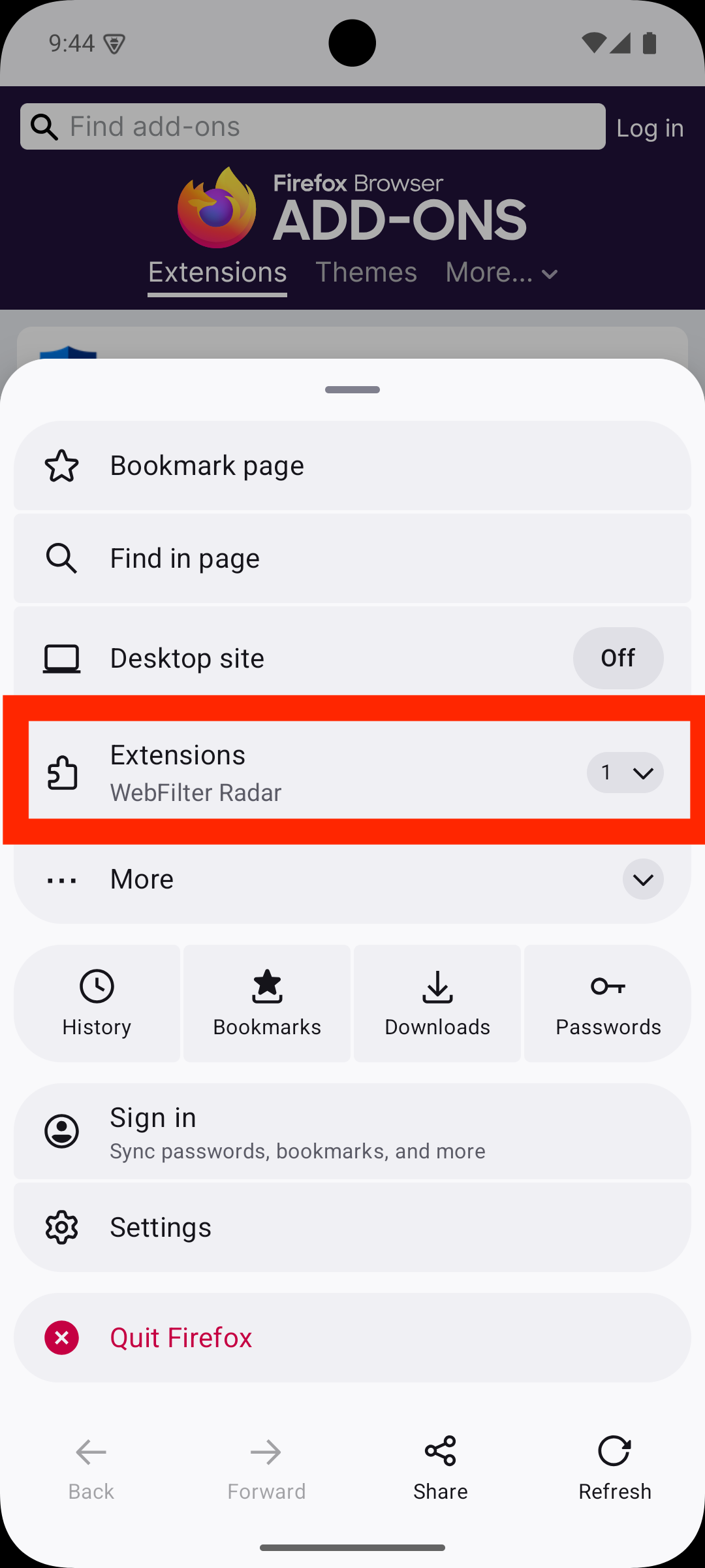 Extensions item in Firefox menu