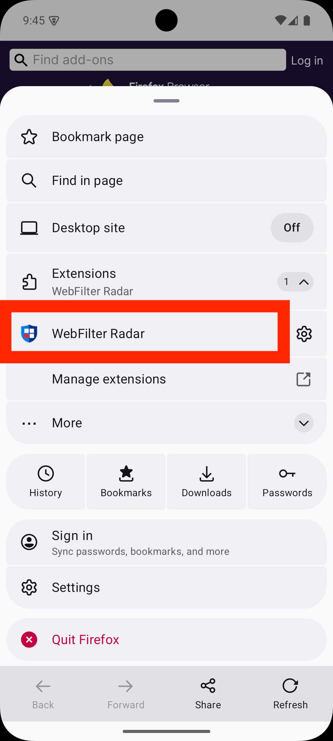 WebFilter Radar in Firefox extensions