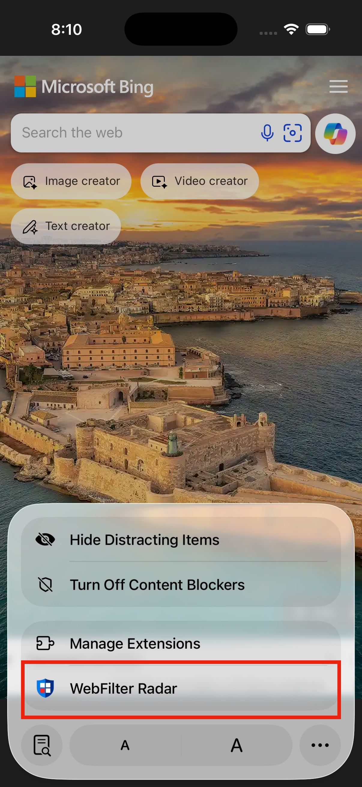WebFilter Radar item in the Safari page menu