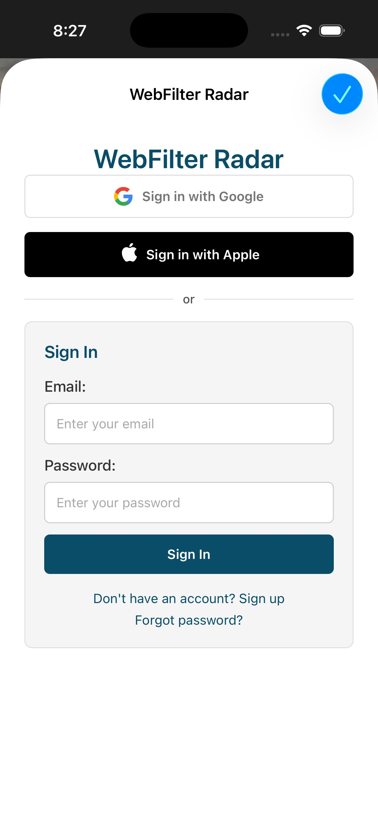 WebFilter Radar sign-in screen in Safari