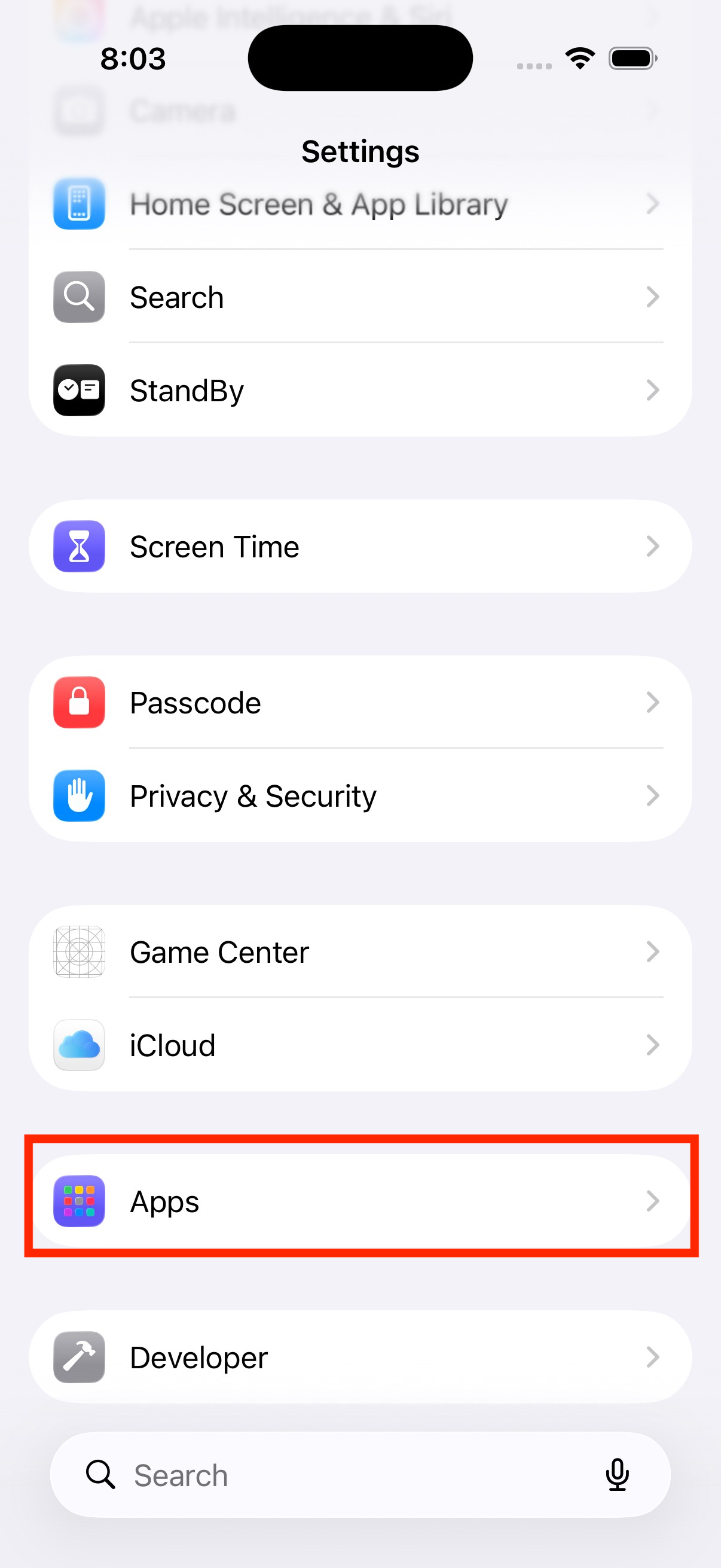 Apps row in iOS Settings