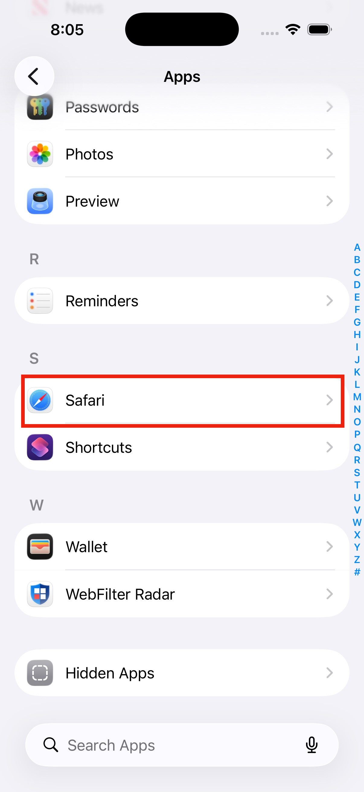 Safari row in iOS Apps settings