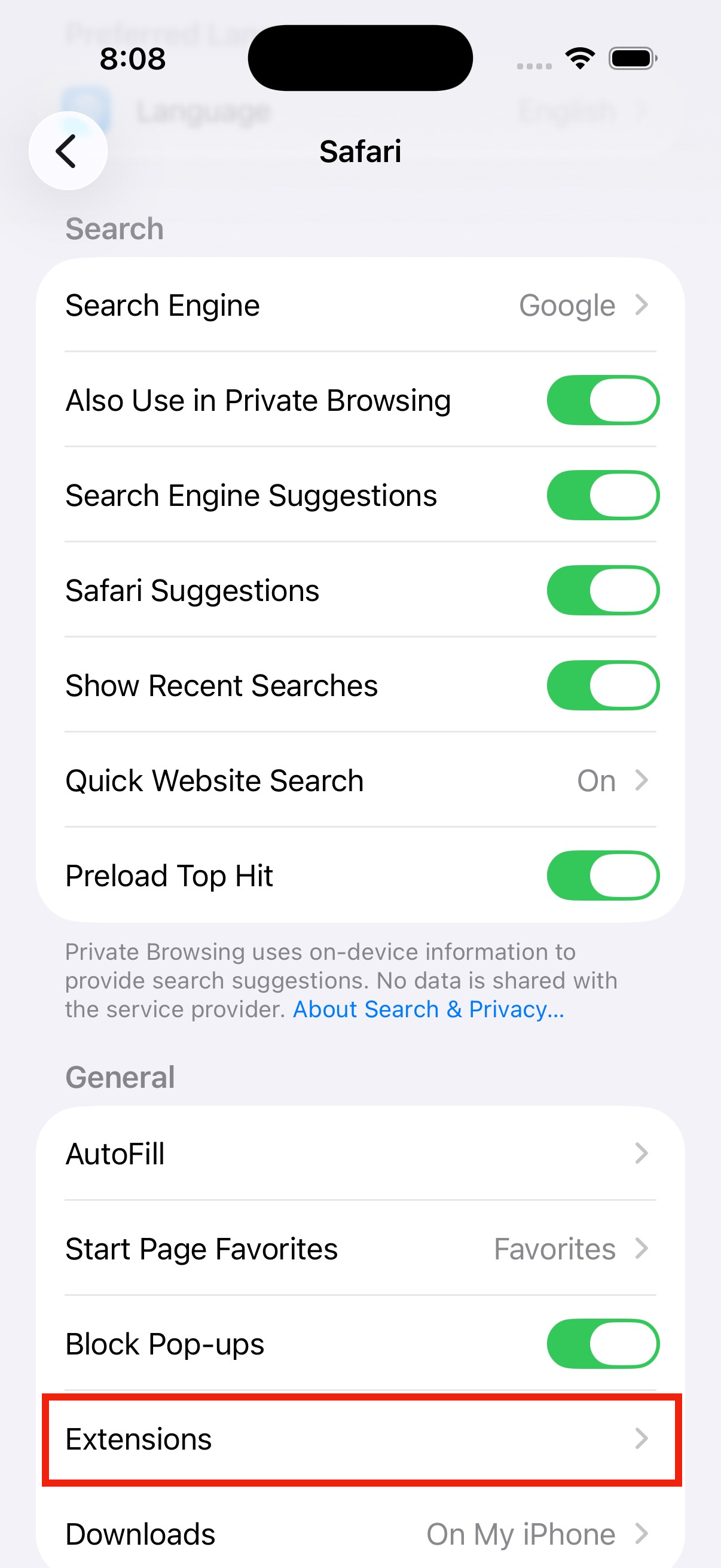 Extensions row in Safari settings
