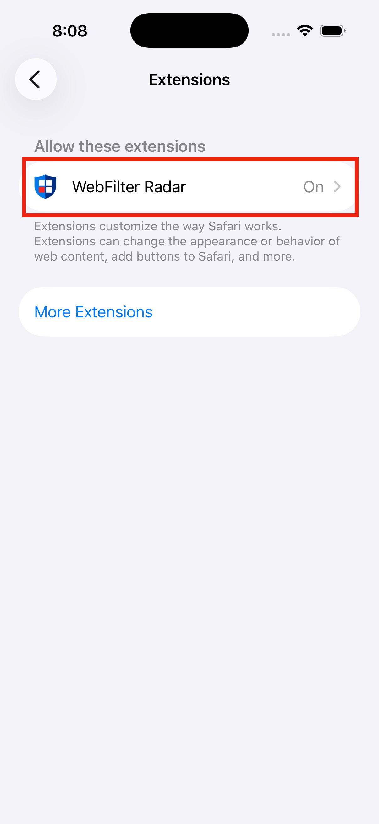 WebFilter Radar row in Safari Extensions settings