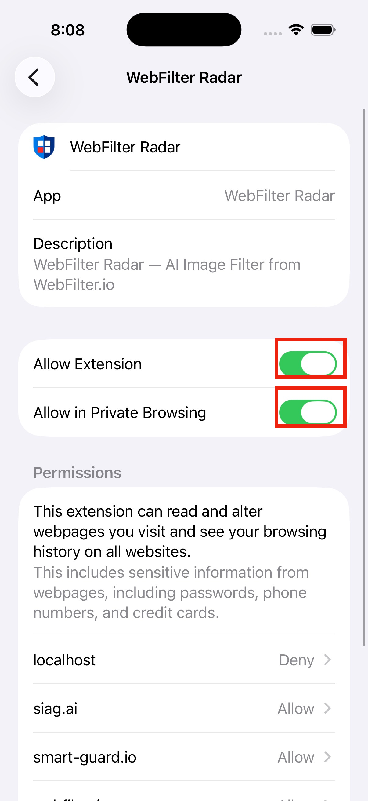 WebFilter Radar Safari extension switches